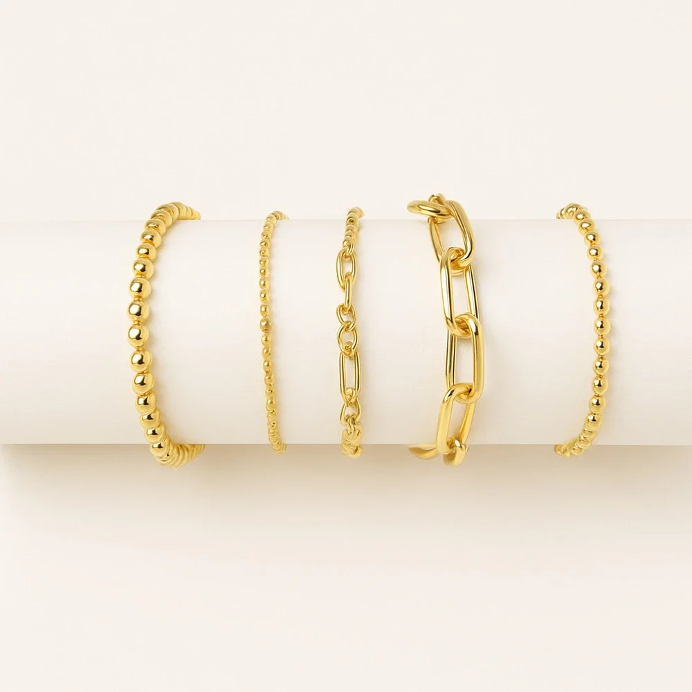 Gold Bracelet Set 4pc Minimalist Stack Beaded Paperclip Chain Dainty Jewelry - Picture 1 of 10